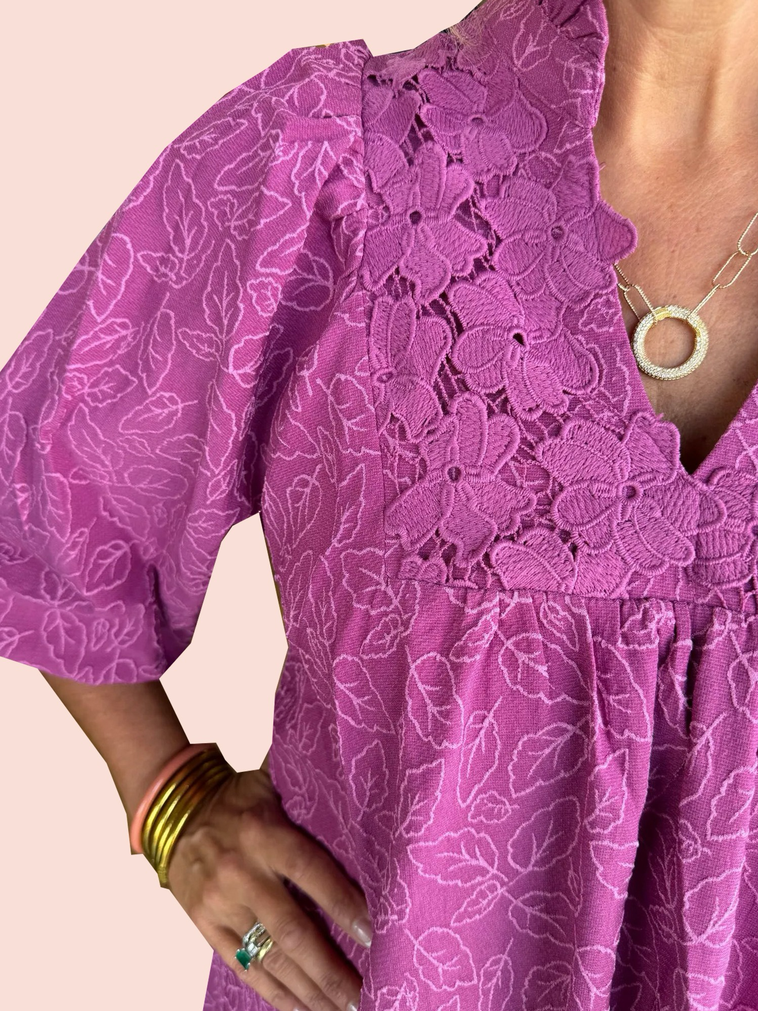 Women's Puff Sleeve Leaf Jacquard Mini Dress (Buy 2 Free Shipping)