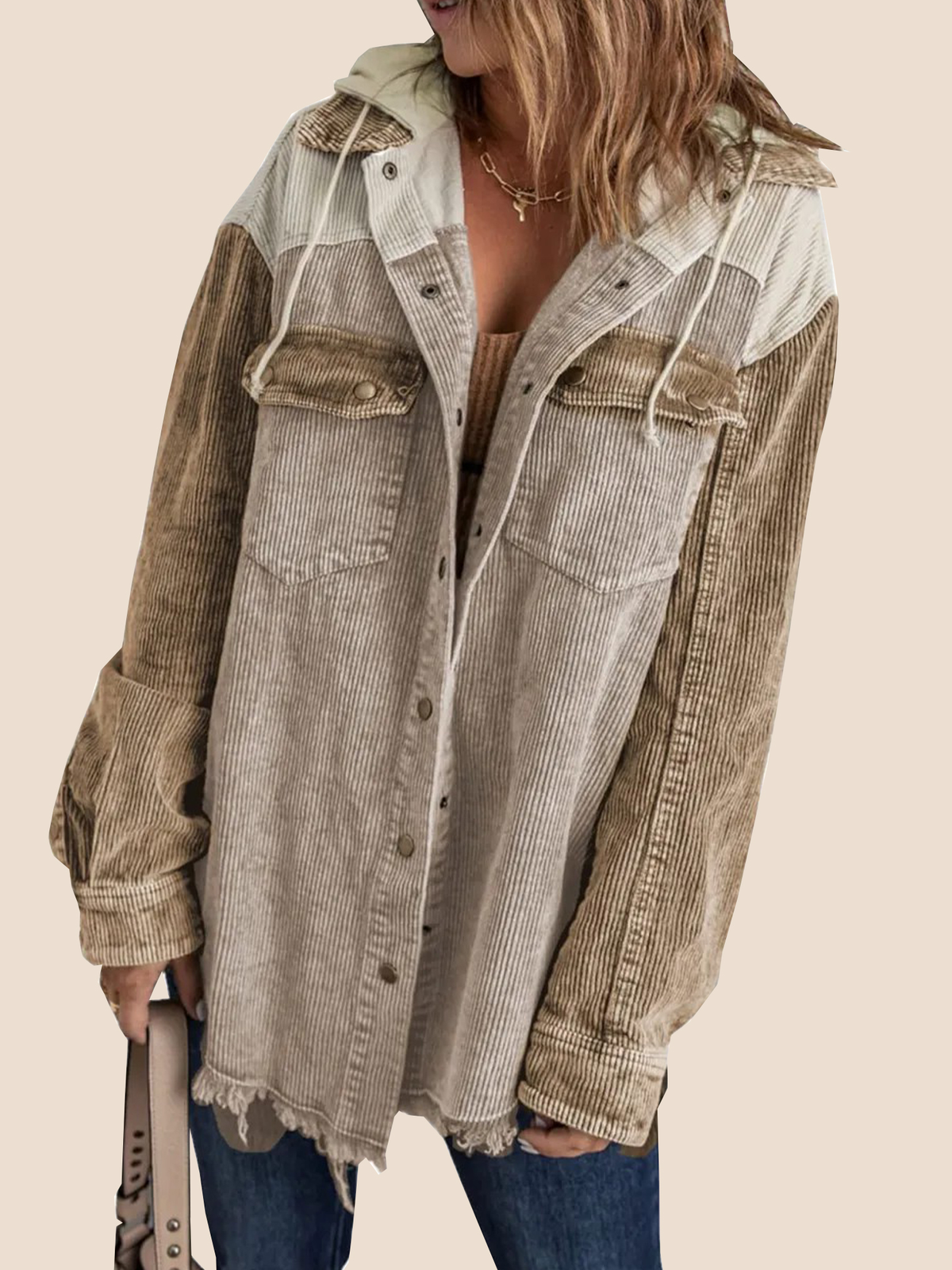 Women's Color Block Corduroy Hooded Jacket (Buy 2 Free Shipping)