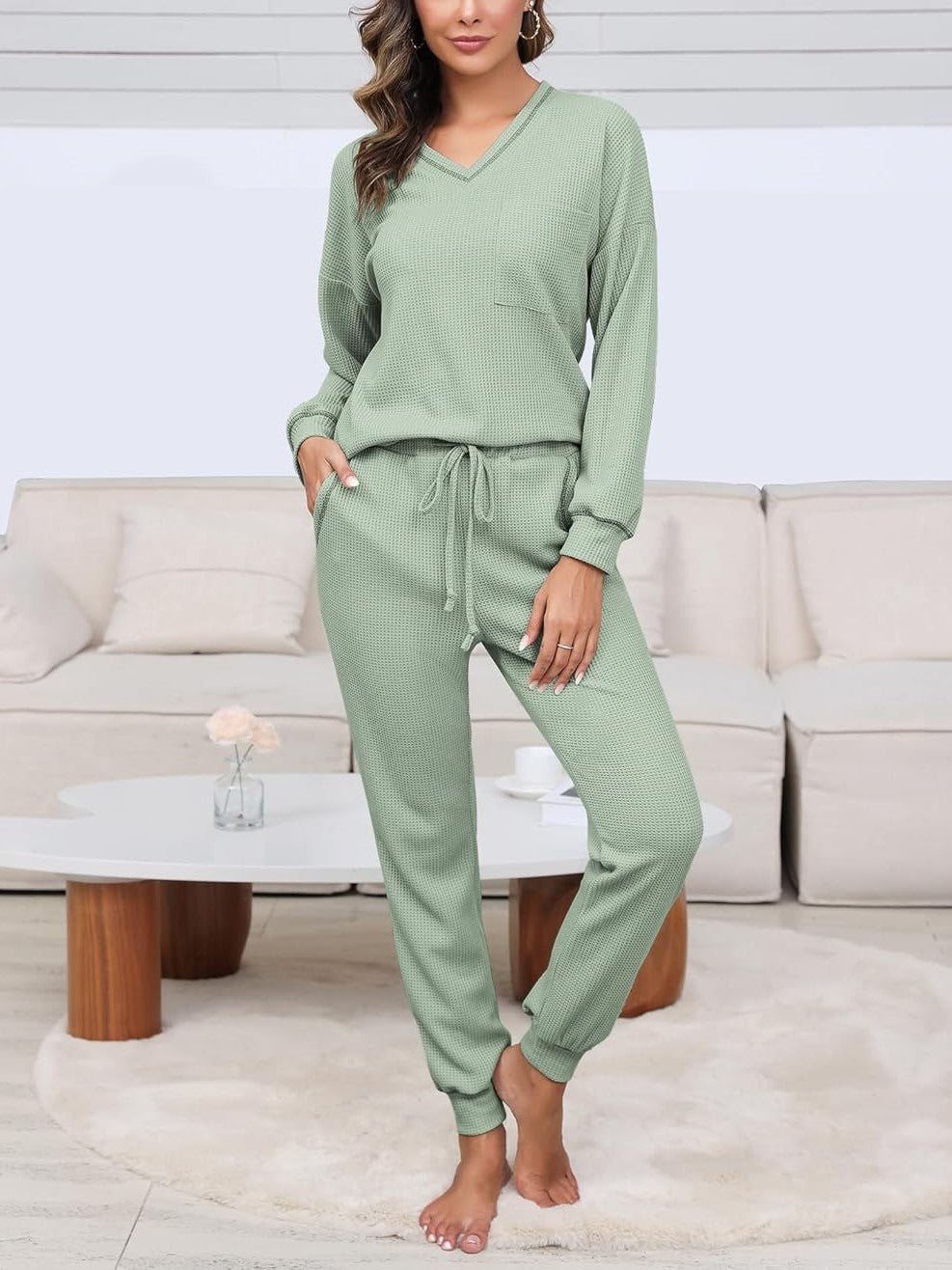 Women's V Neck Waffle Knit Two Piece Lounge Sets (Buy 2 Free Shipping)