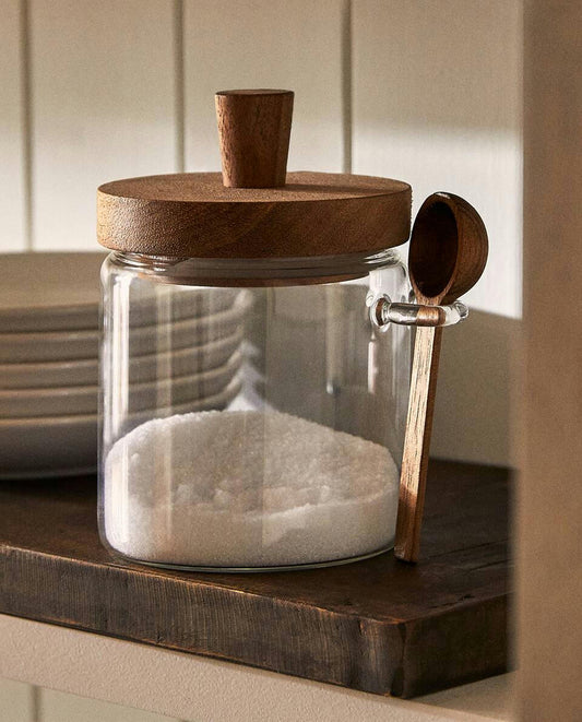 BOROSILICATE GLASS AND WOODEN SUGAR BOWL