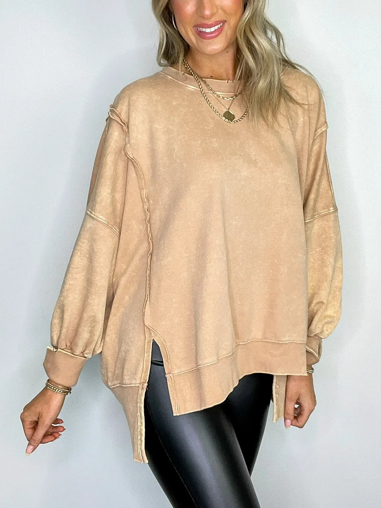 Women's Acid Wash Split Cuff Oversized Crew Pullover (Buy 2 Free Shipping)