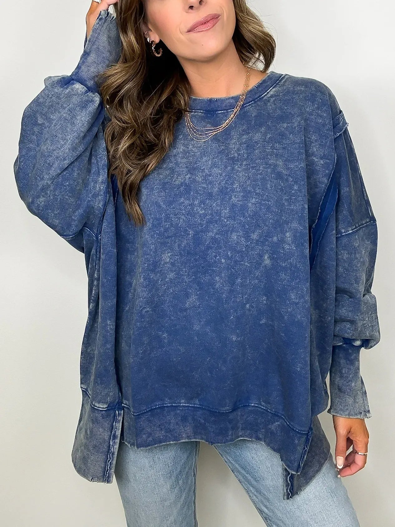 Women's Acid Wash Split Cuff Oversized Crew Pullover (Buy 2 Free Shipping)