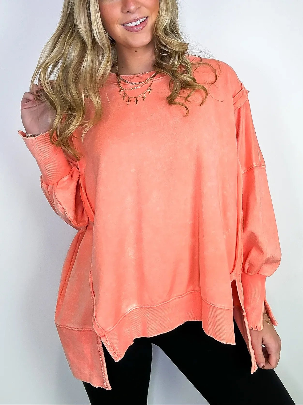 Women's Acid Wash Split Cuff Oversized Crew Pullover (Buy 2 Free Shipping)