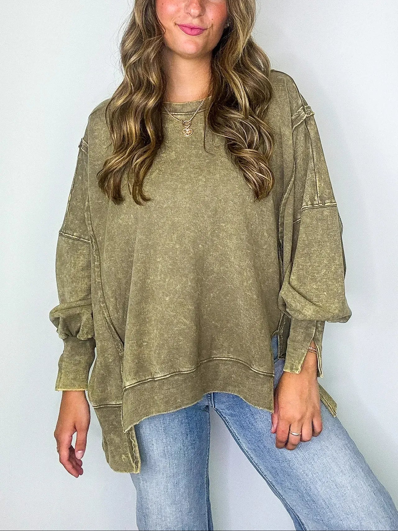 Women's Acid Wash Split Cuff Oversized Crew Pullover (Buy 2 Free Shipping)