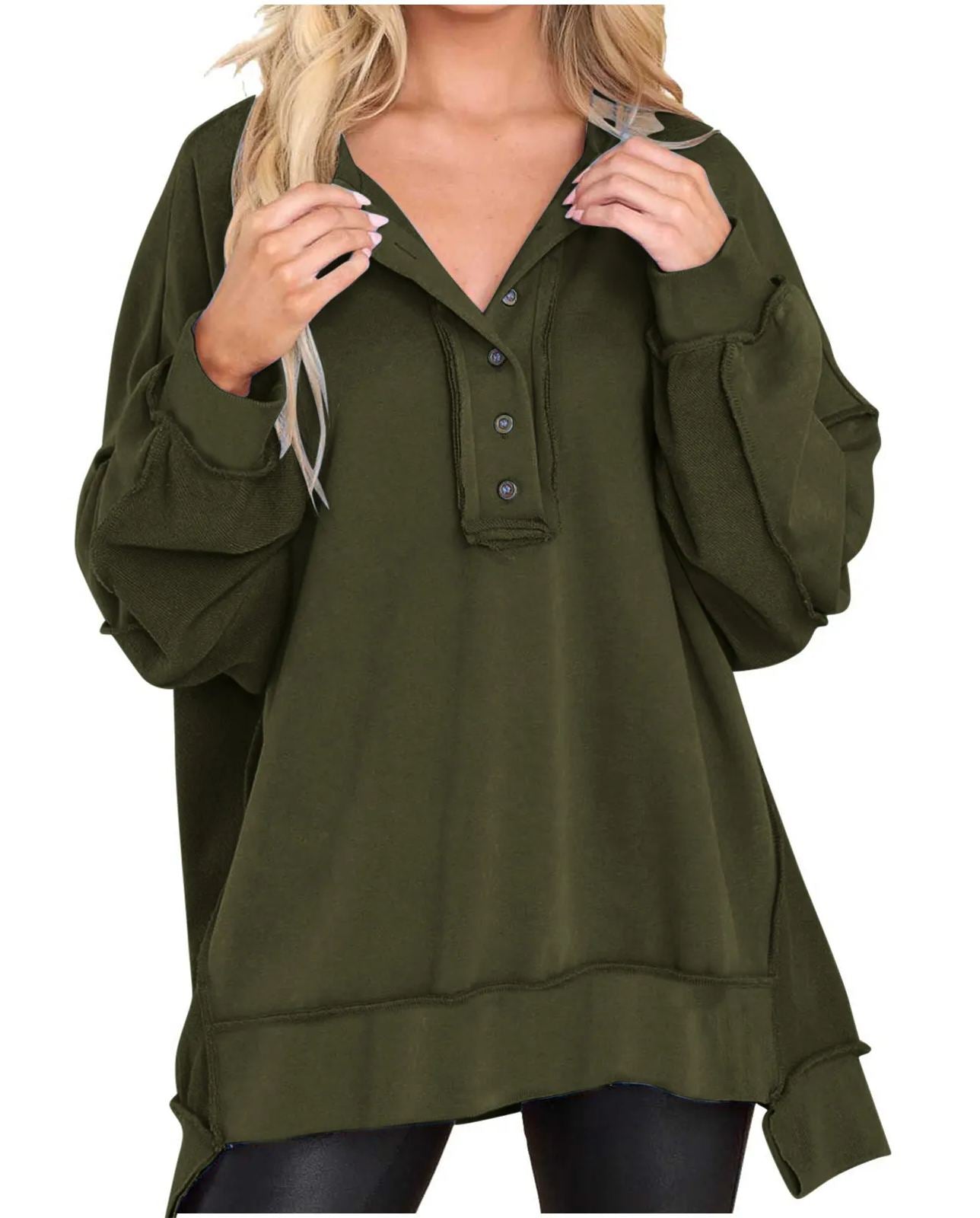 Women's Oversized Casual Buttoned Henley Sweatshirt (Buy 2 Free Shipping)